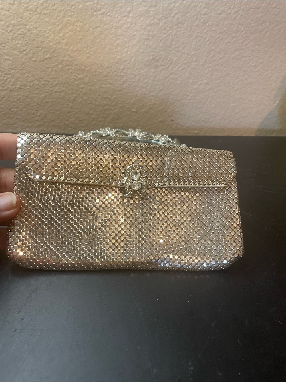 VTG Whiting & Davis 6” Silver mesh Purse with a metallic Rhinestone Clasp